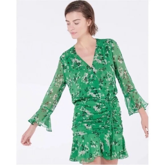 Veronica Beard Sean Floral-print Silk Dress Green Multi Ruched Bell Sleeves 8 - Picture 3 of 15